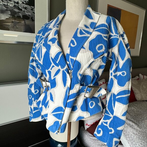 Thierry Mugler Blue Floral Motorcycle Jacket Vintage Designer 80s Sz 42 - 1A2199